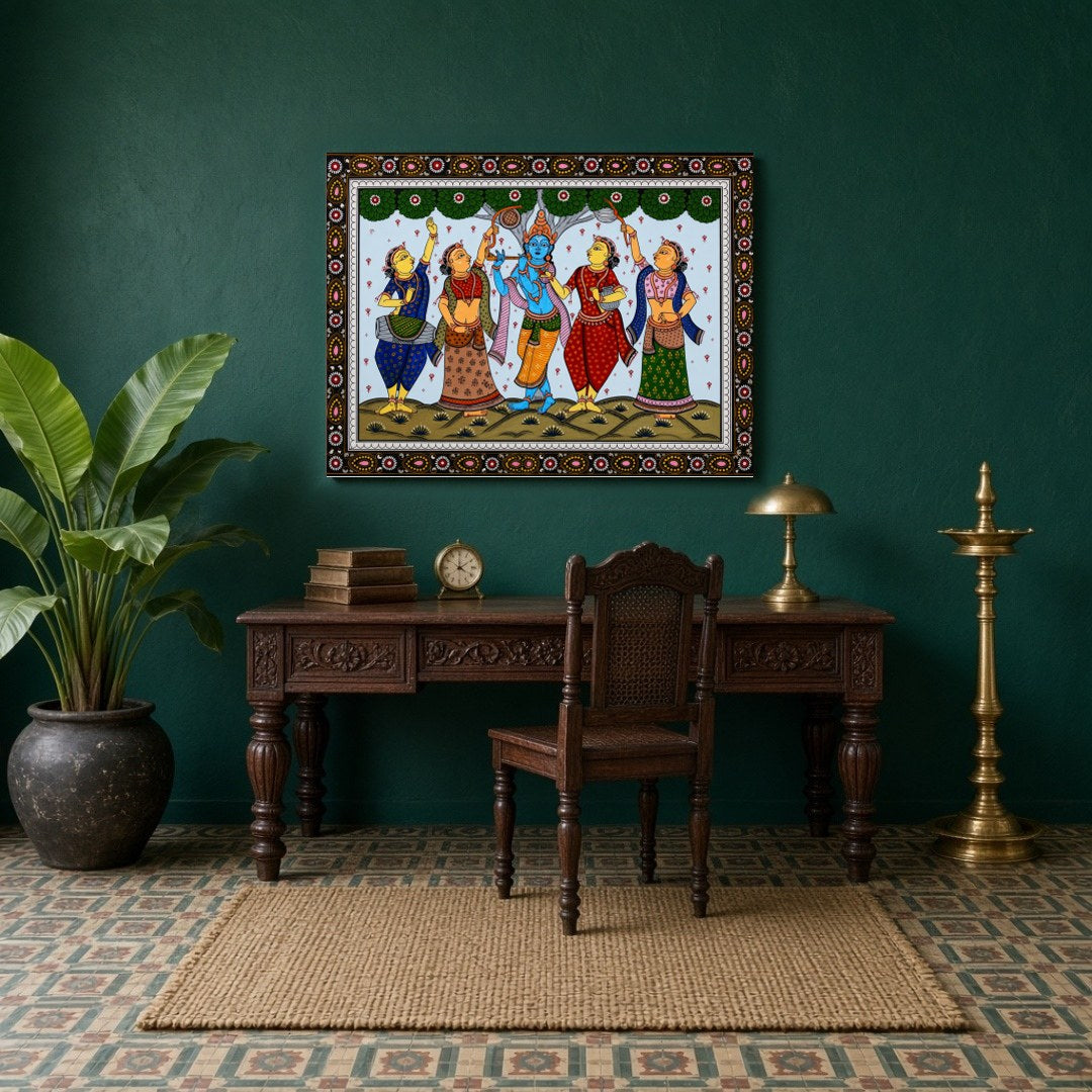 Immerse yourself in the enchanting scene of Lord Krishna playing his divine flute, capturing the for Study