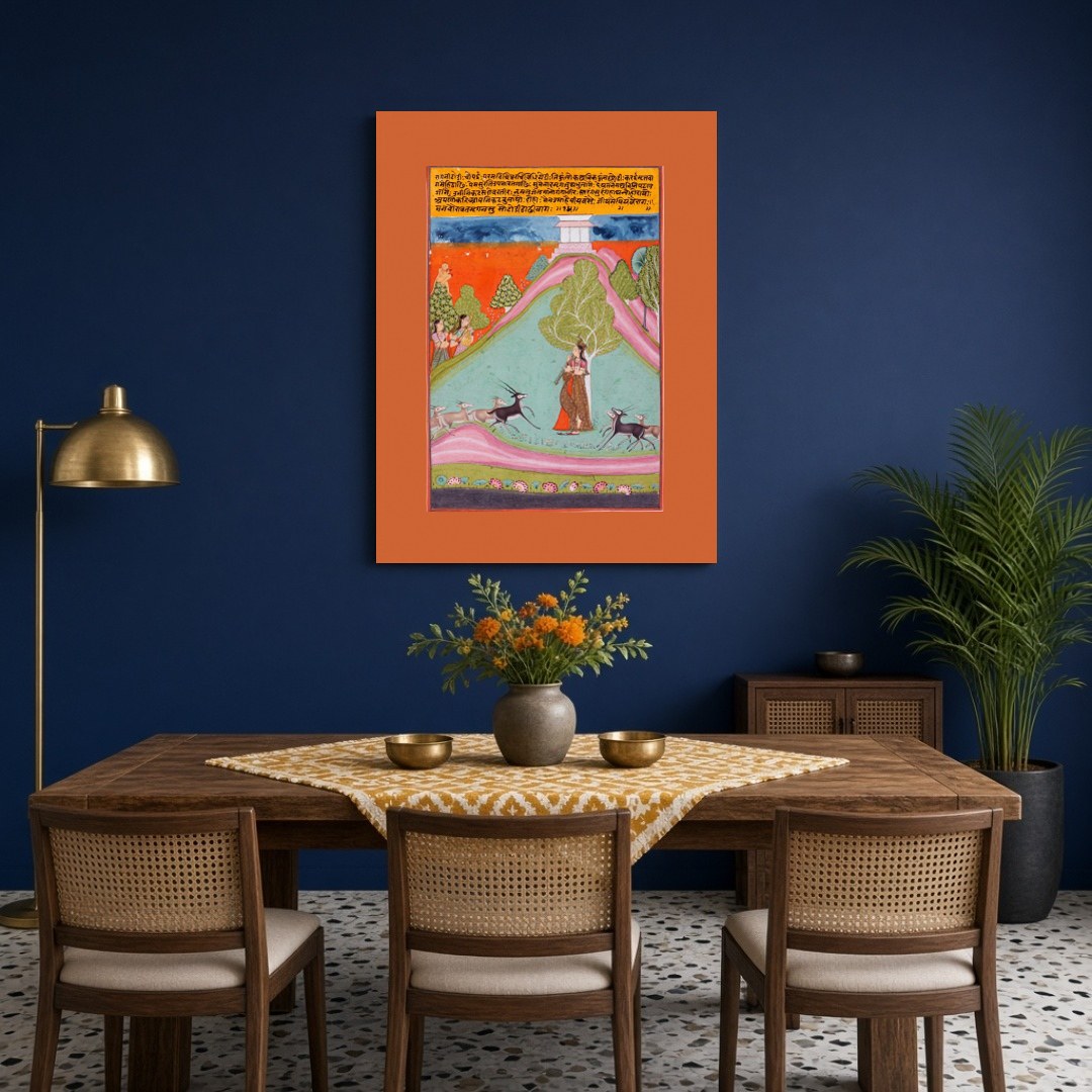 This exquisite artwork captures the essence of Todi Ragini, depicting a serene musician under a for Dining