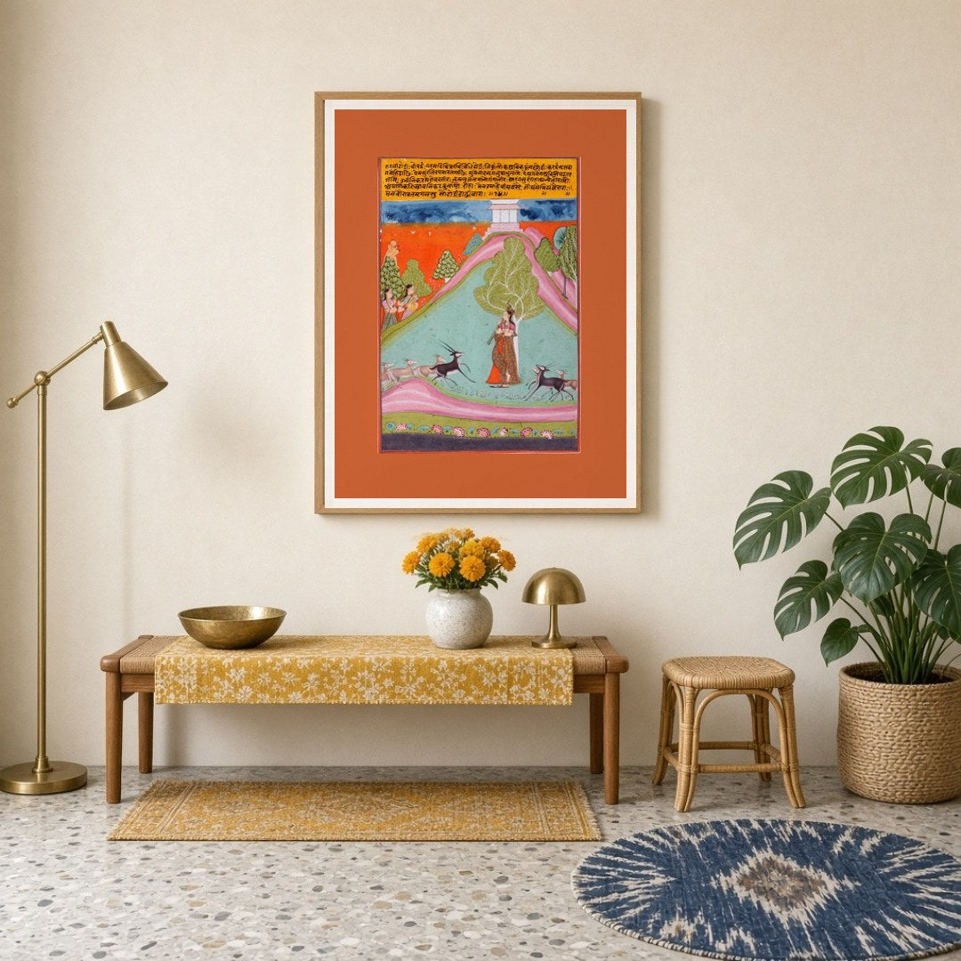 This exquisite artwork captures the essence of Todi Ragini, depicting a serene musician under a for Entrance