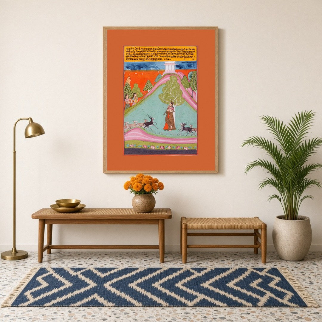 This exquisite artwork captures the essence of Todi Ragini, depicting a serene musician under a for Hallway