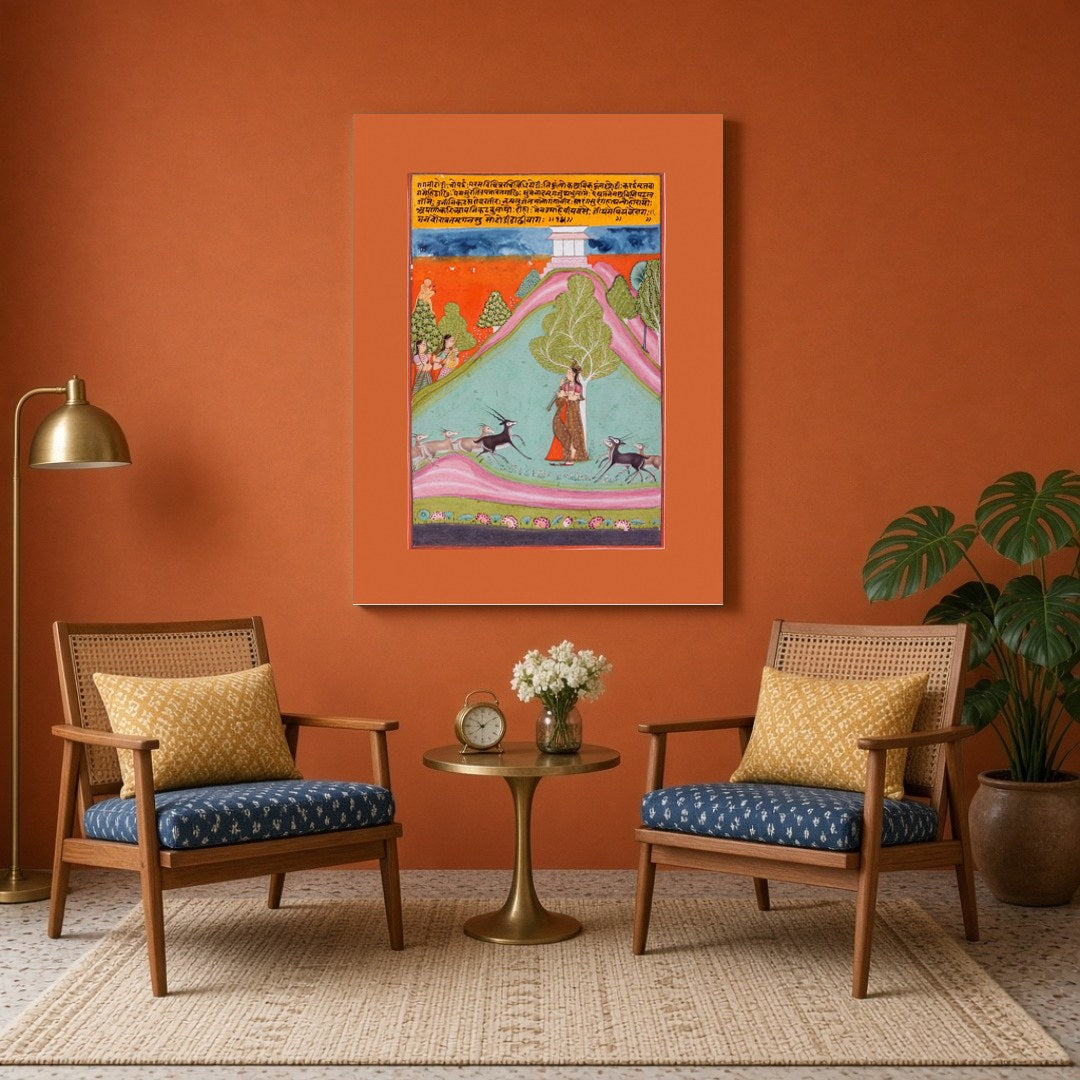This exquisite artwork captures the essence of Todi Ragini, depicting a serene musician under a for Sitting Area