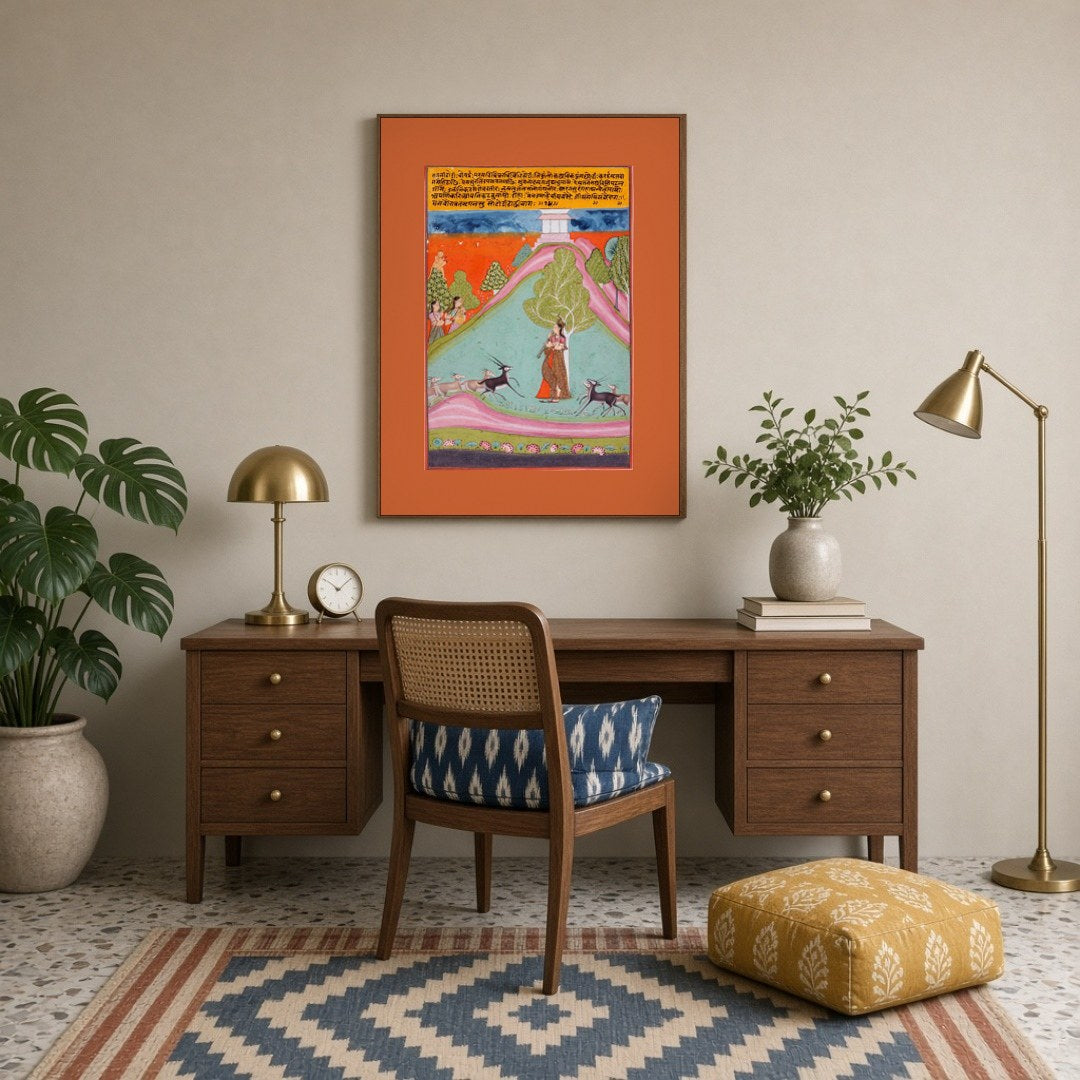 This exquisite artwork captures the essence of Todi Ragini, depicting a serene musician under a for Study
