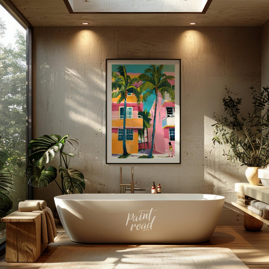 This vibrant artwork captures a slice of Miami life with its bold colors and tropical flair. Two ta… for bathroom