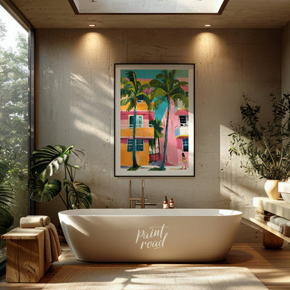This vibrant artwork captures a slice of Miami life with its bold colors and tropical flair. Two ta… for bathroom