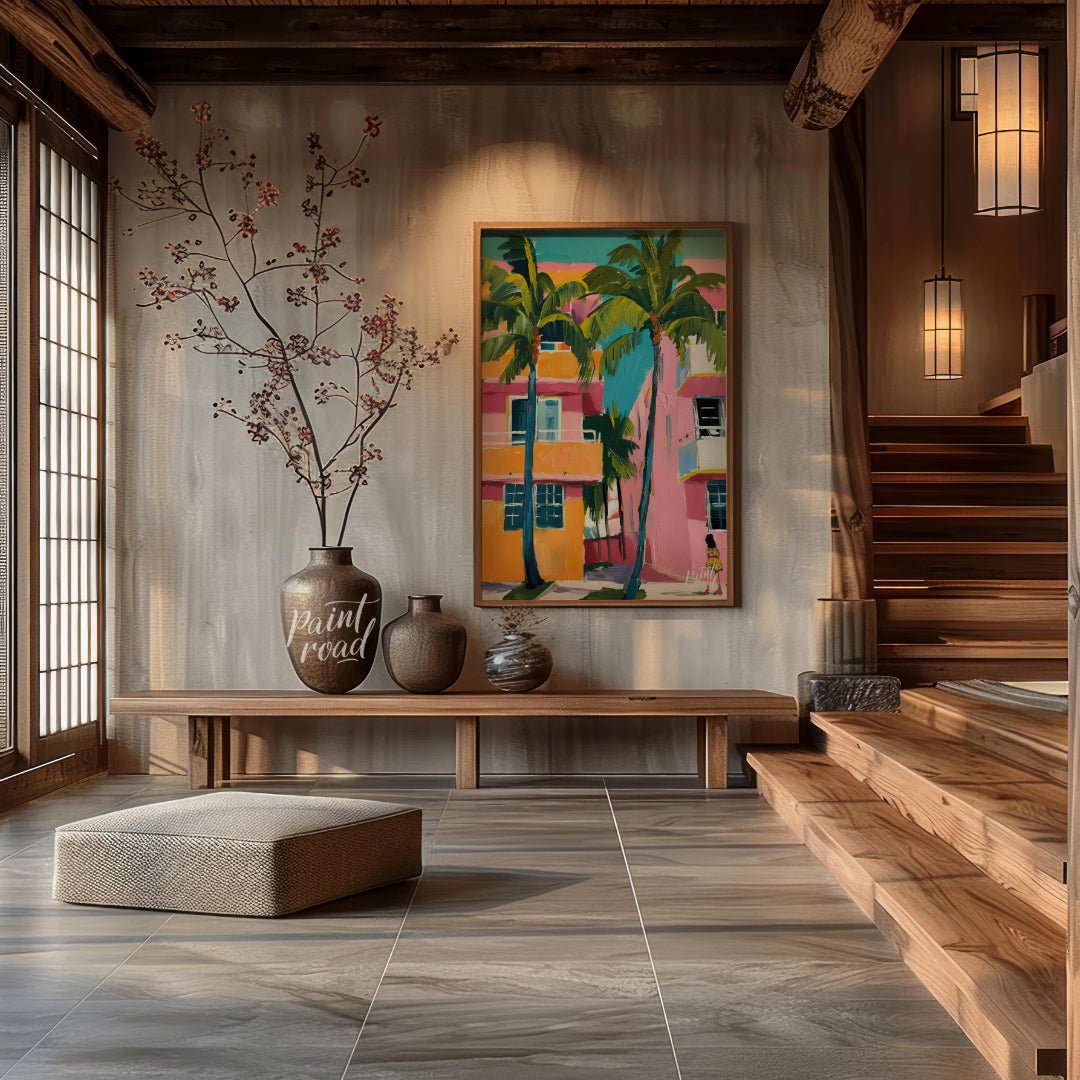 This vibrant artwork captures a slice of Miami life with its bold colors and tropical flair. Two ta… for entryway