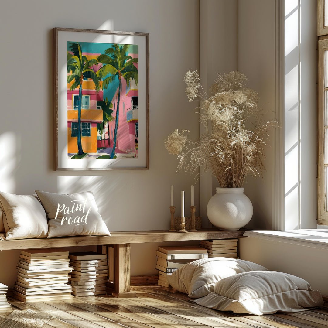 This vibrant artwork captures a slice of Miami life with its bold colors and tropical flair. Two ta… for living room