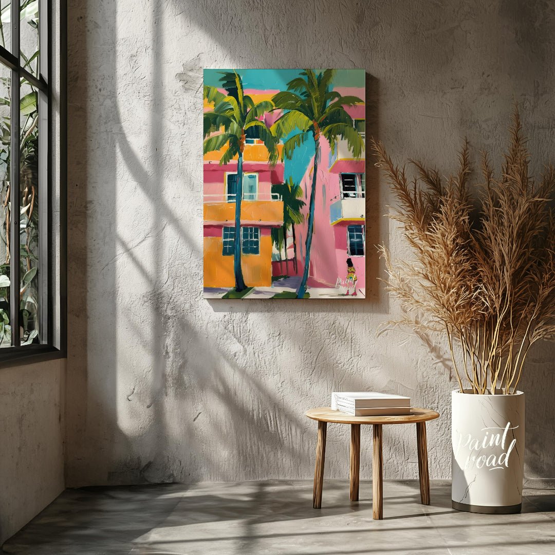 This vibrant artwork captures a slice of Miami life with its bold colors and tropical flair. Two ta… for living room