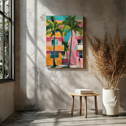 This vibrant artwork captures a slice of Miami life with its bold colors and tropical flair. Two ta… for living room