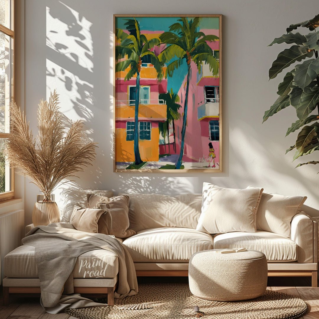 This vibrant artwork captures a slice of Miami life with its bold colors and tropical flair. Two ta… for living room