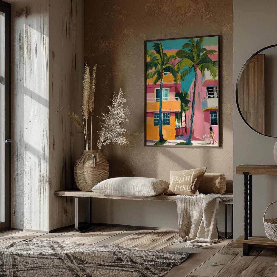 This vibrant artwork captures a slice of Miami life with its bold colors and tropical flair. Two ta… for living room