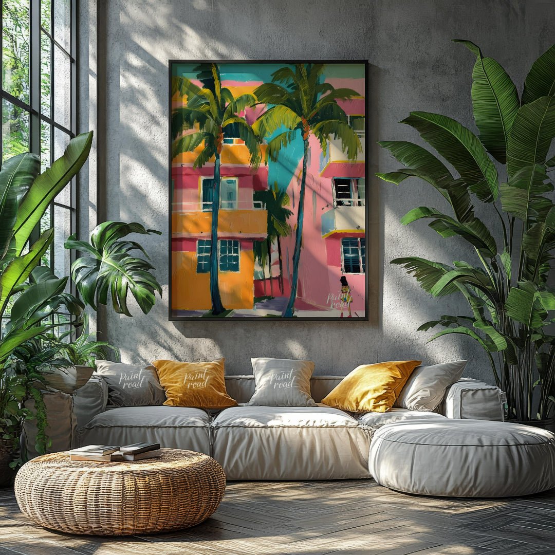 This vibrant artwork captures a slice of Miami life with its bold colors and tropical flair. Two ta… for living room