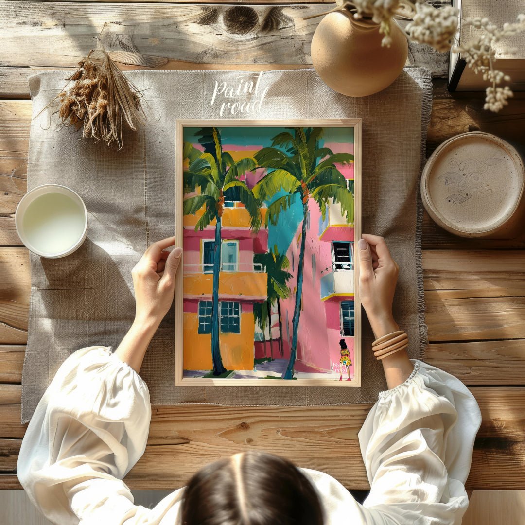 This vibrant artwork captures a slice of Miami life with its bold colors and tropical flair. Two ta… for other