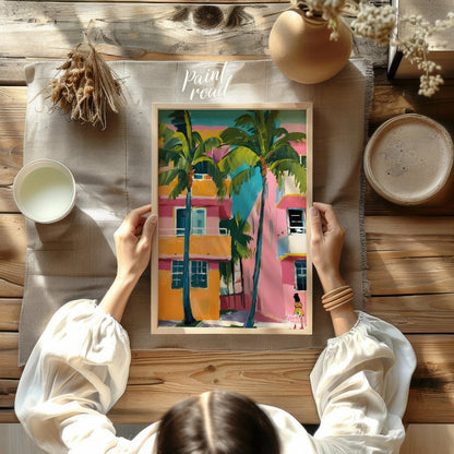 This vibrant artwork captures a slice of Miami life with its bold colors and tropical flair. Two ta… for other
