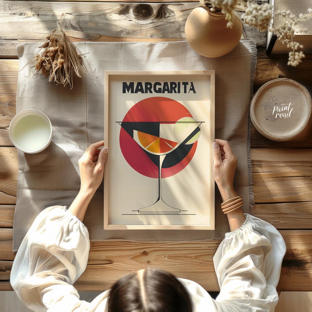 A retro-inspired graphic design featuring a classic margarita cocktail. The artwork utilizes bold l… for dining room