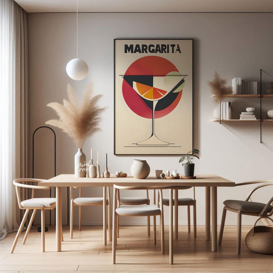 A retro-inspired graphic design featuring a classic margarita cocktail. The artwork utilizes bold l… for dining room
