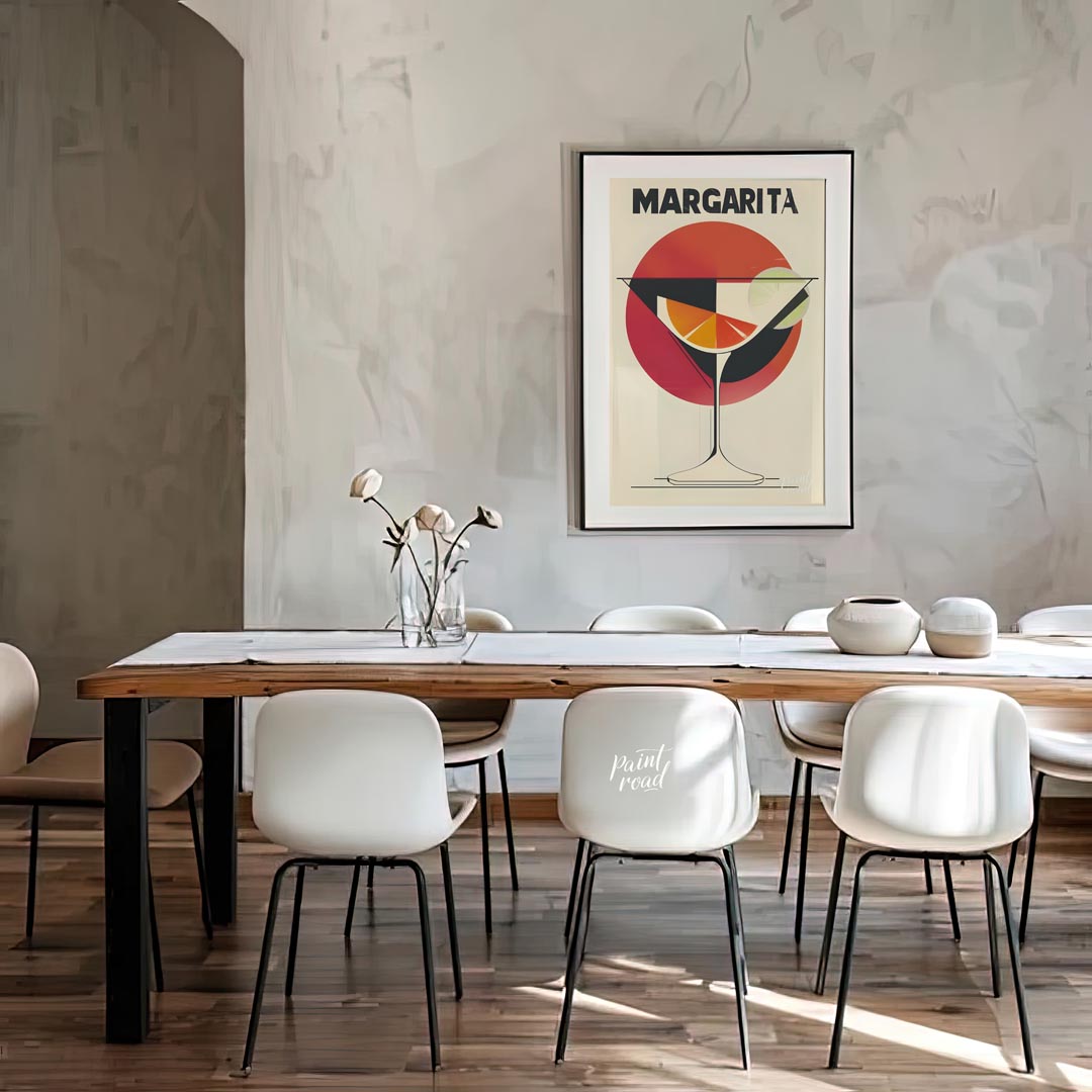 A retro-inspired graphic design featuring a classic margarita cocktail. The artwork utilizes bold l… for dining room