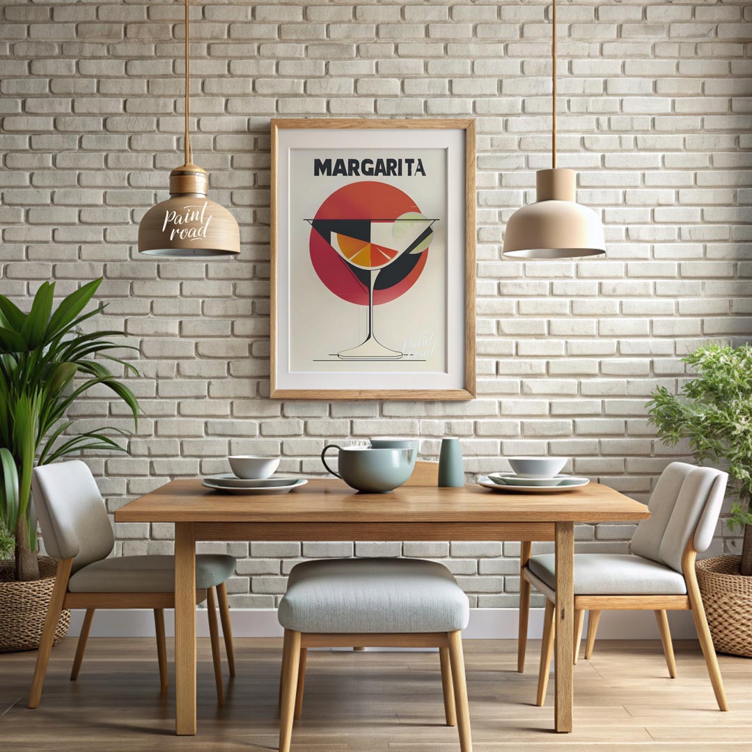 A retro-inspired graphic design featuring a classic margarita cocktail. The artwork utilizes bold l… for dining room