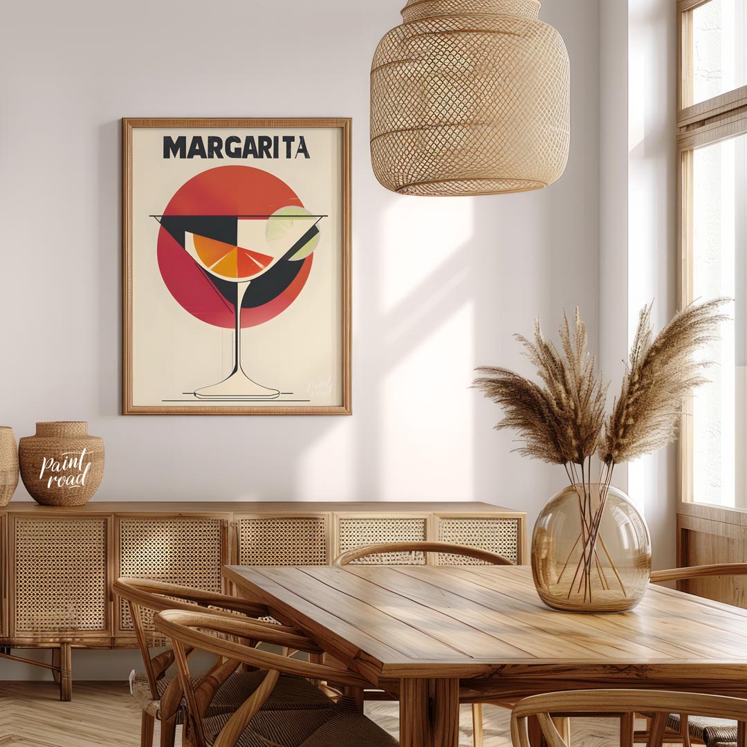 A retro-inspired graphic design featuring a classic margarita cocktail. The artwork utilizes bold l… for dining room