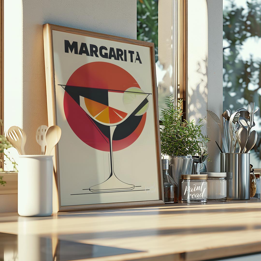 A retro-inspired graphic design featuring a classic margarita cocktail. The artwork utilizes bold l… for kitchen