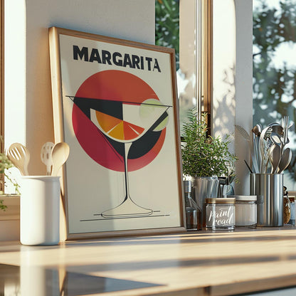 A retro-inspired graphic design featuring a classic margarita cocktail. The artwork utilizes bold l… for kitchen