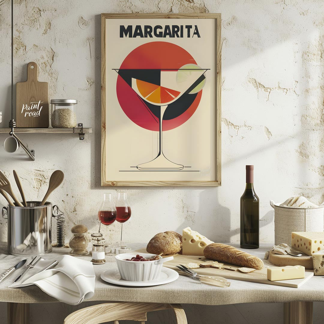 A retro-inspired graphic design featuring a classic margarita cocktail. The artwork utilizes bold l… for kitchen