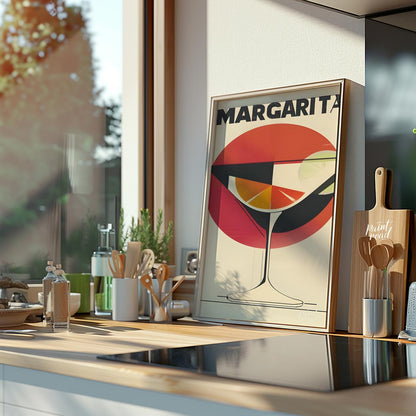 A retro-inspired graphic design featuring a classic margarita cocktail. The artwork utilizes bold l… for kitchen