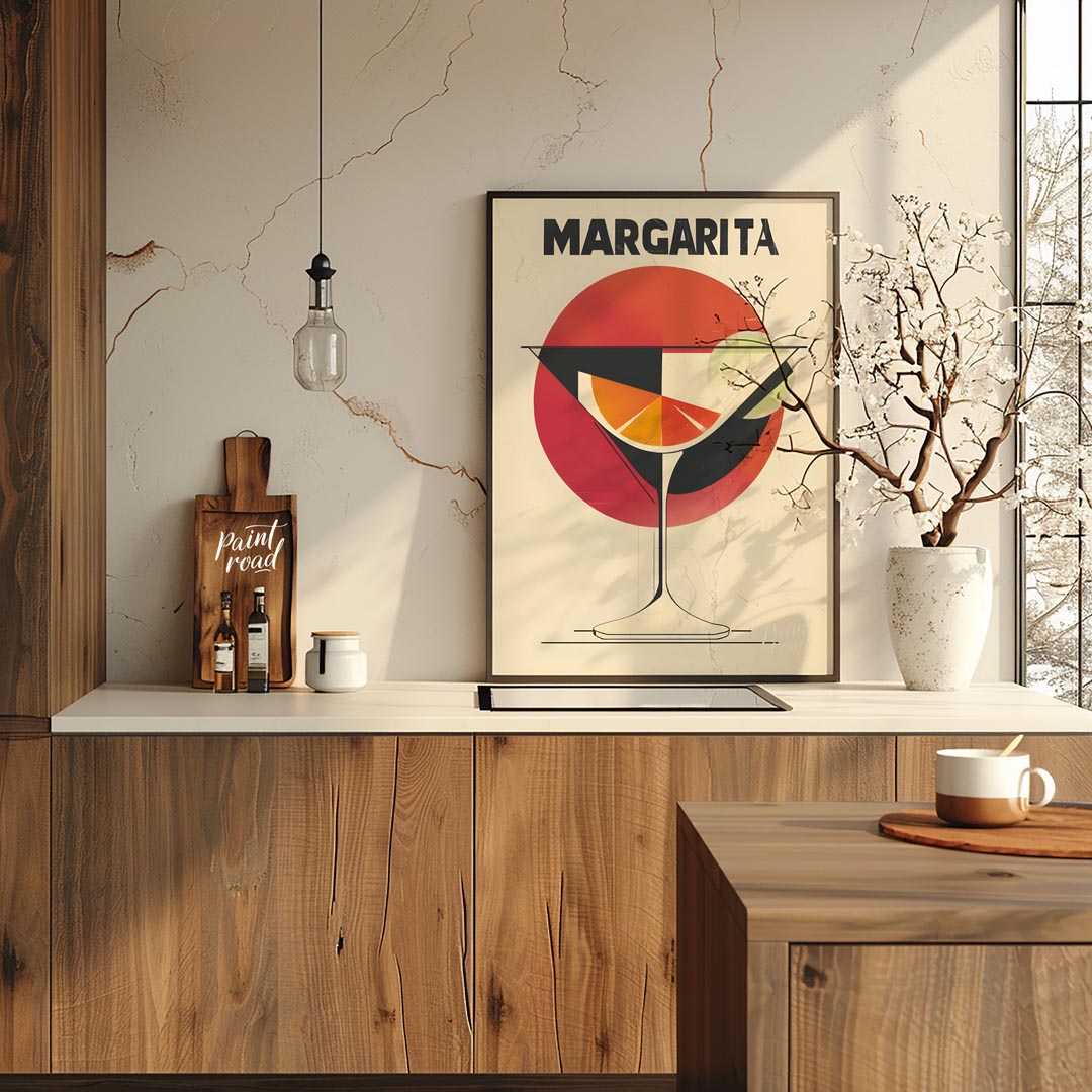 A retro-inspired graphic design featuring a classic margarita cocktail. The artwork utilizes bold l… for kitchen