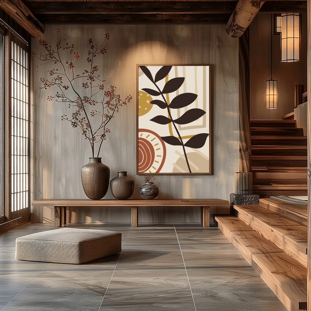 This captivating piece blends geometric forms with organic botanical elements, embodying a for Hall