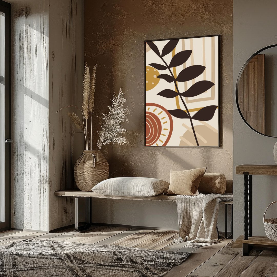 This captivating piece blends geometric forms with organic botanical elements, embodying a for house