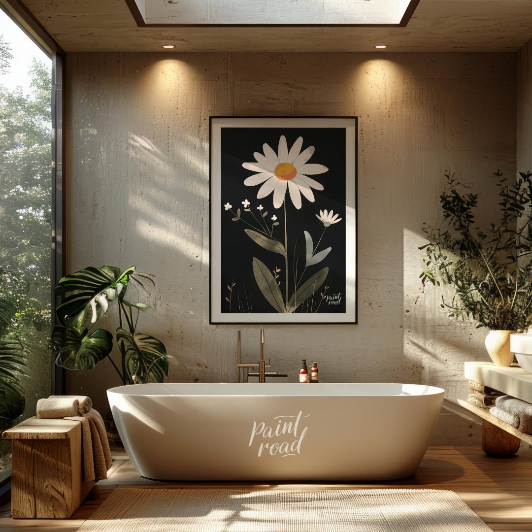 This striking digital illustration features a large white daisy with a warm yellow and orange cente… for bathroom