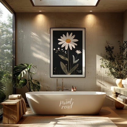 This striking digital illustration features a large white daisy with a warm yellow and orange cente… for bathroom