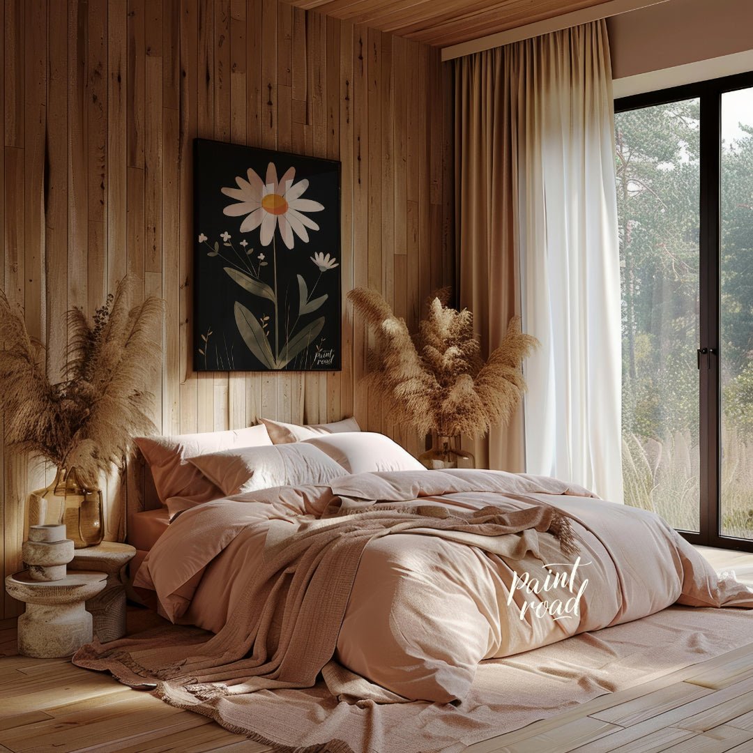 This striking digital illustration features a large white daisy with a warm yellow and orange cente… for bedroom