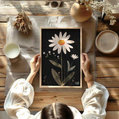 This striking digital illustration features a large white daisy with a warm yellow and orange cente… for dining room
