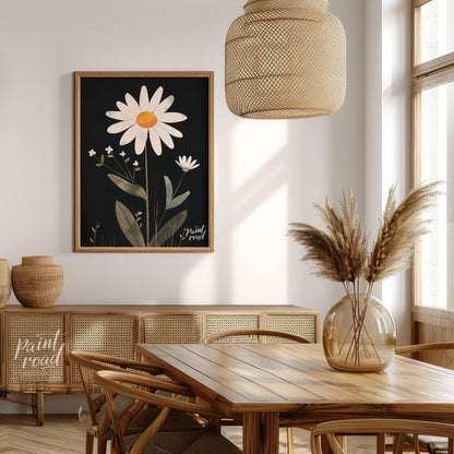 This striking digital illustration features a large white daisy with a warm yellow and orange cente… for dining room