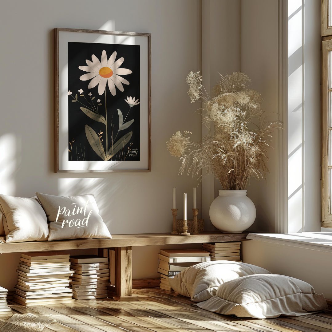 This striking digital illustration features a large white daisy with a warm yellow and orange cente… for entryway