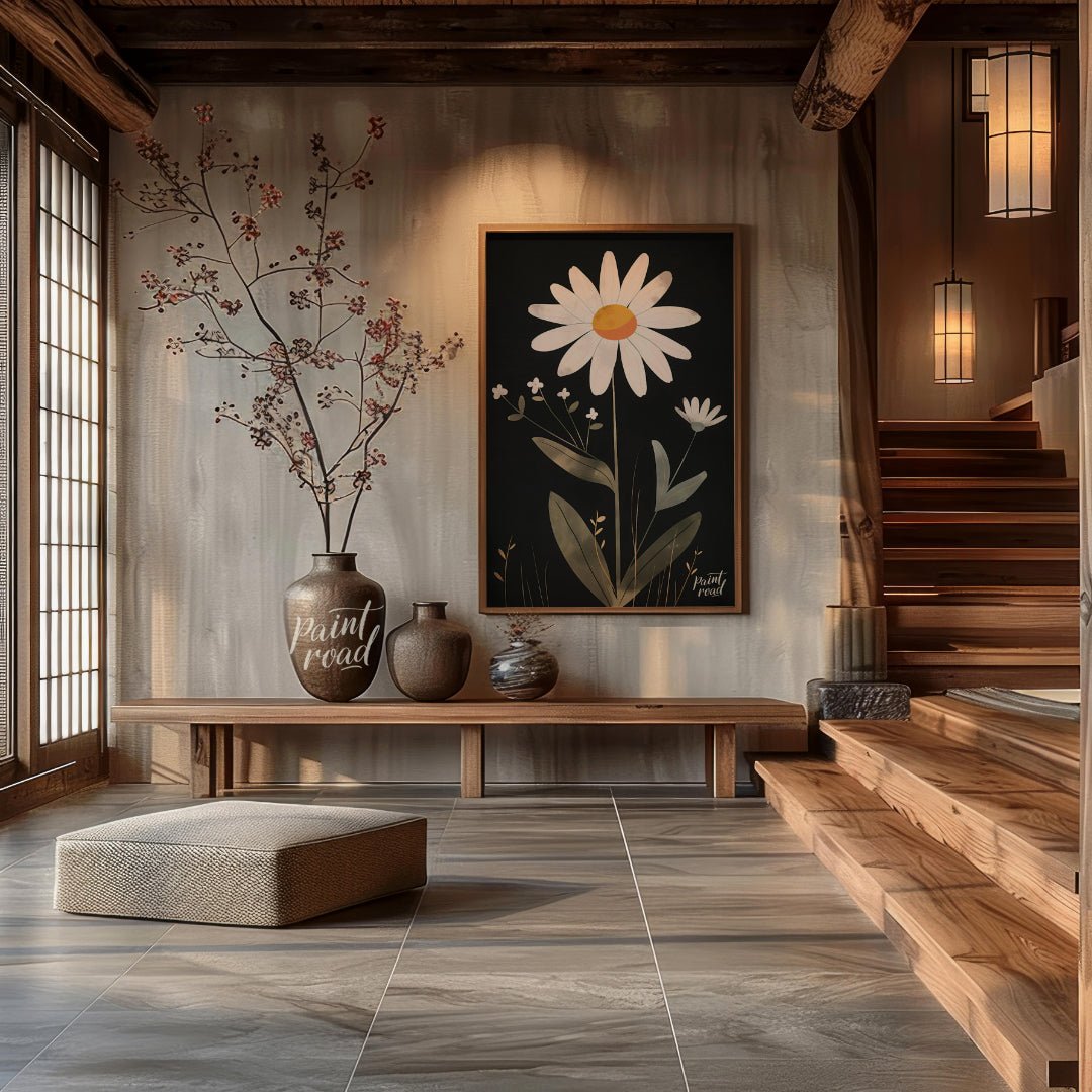 This striking digital illustration features a large white daisy with a warm yellow and orange cente… for entryway