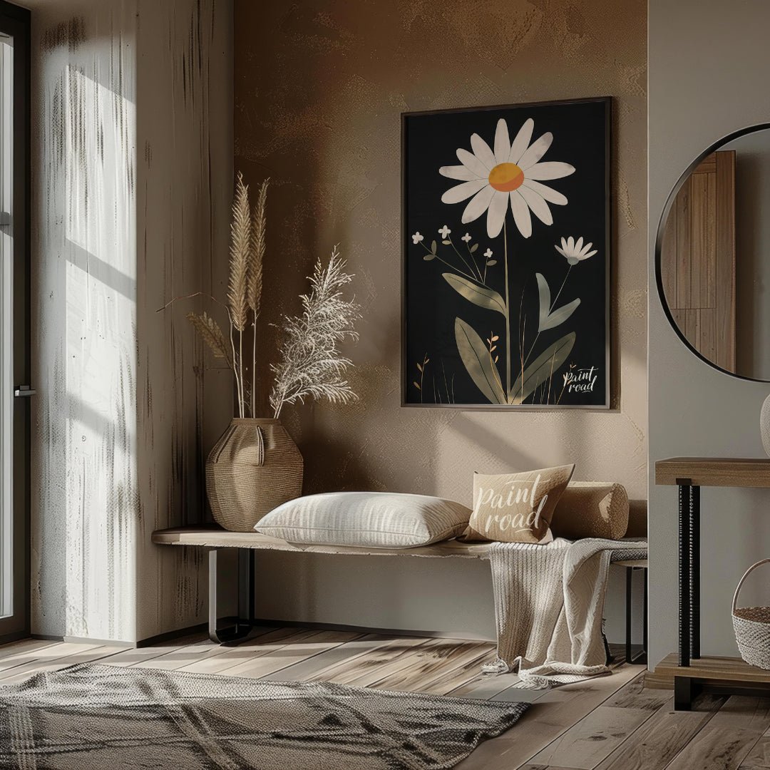 This striking digital illustration features a large white daisy with a warm yellow and orange cente… for entryway