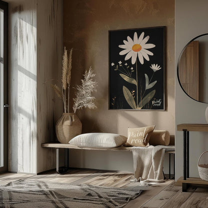 This striking digital illustration features a large white daisy with a warm yellow and orange cente… for entryway