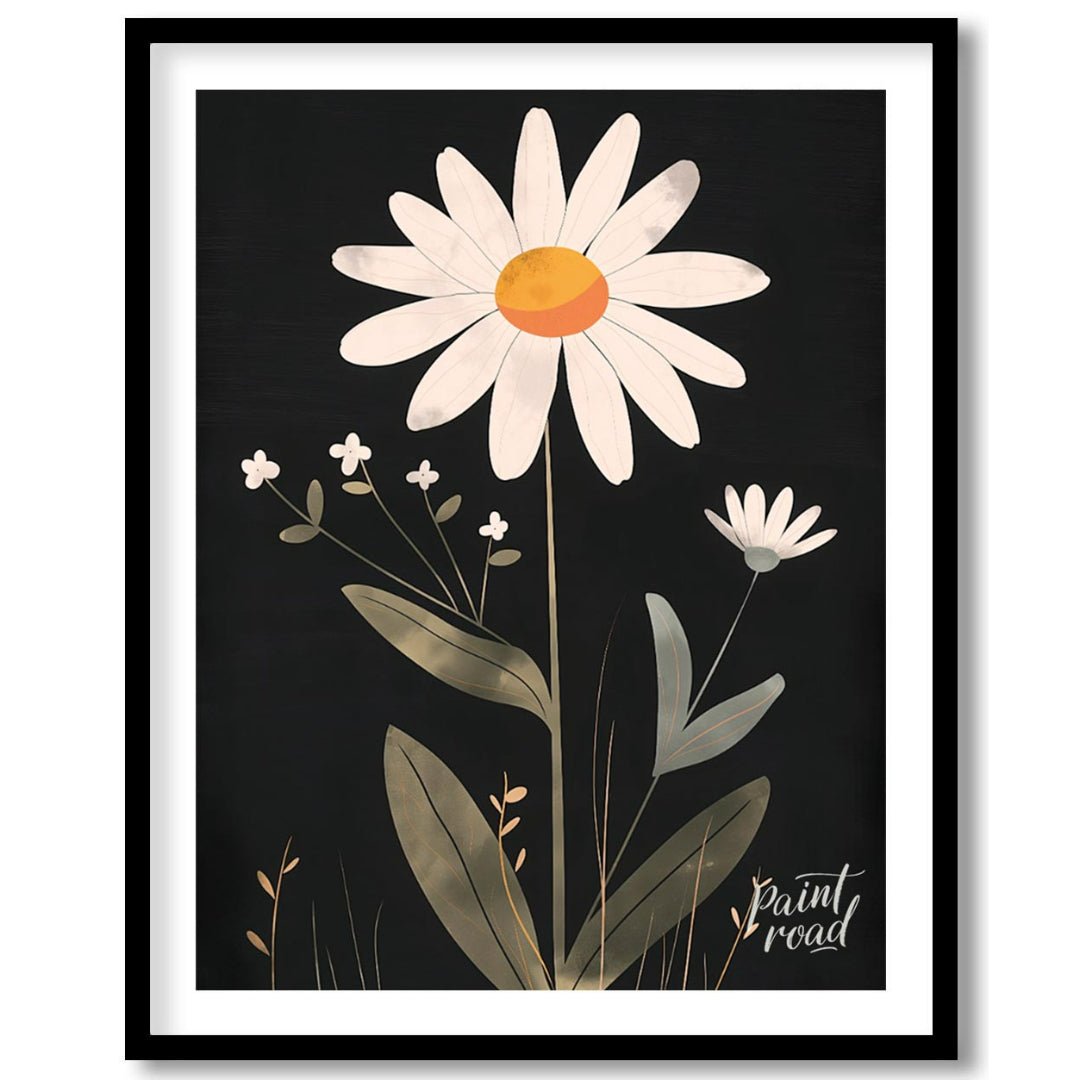 This striking digital illustration features a large white daisy with a warm yellow and orange cente… for house