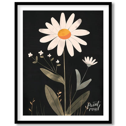This striking digital illustration features a large white daisy with a warm yellow and orange cente… for house