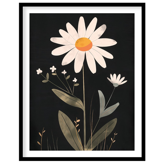 This striking digital illustration features a large white daisy with a warm yellow and orange cente… for house