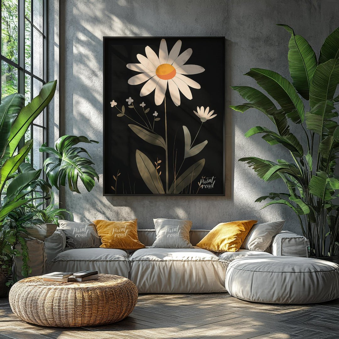 This striking digital illustration features a large white daisy with a warm yellow and orange cente… for living room