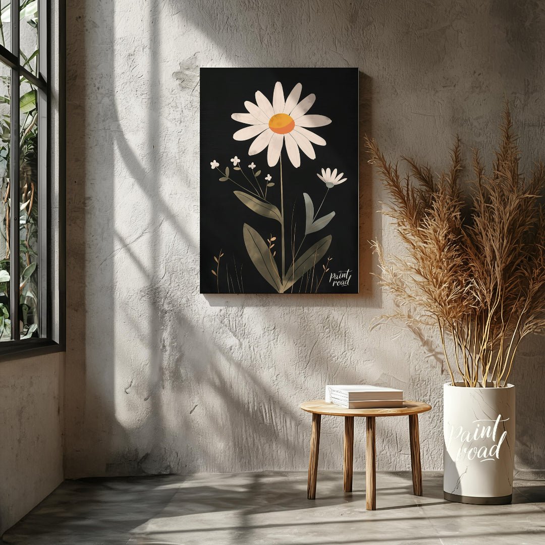 This striking digital illustration features a large white daisy with a warm yellow and orange cente… for living room