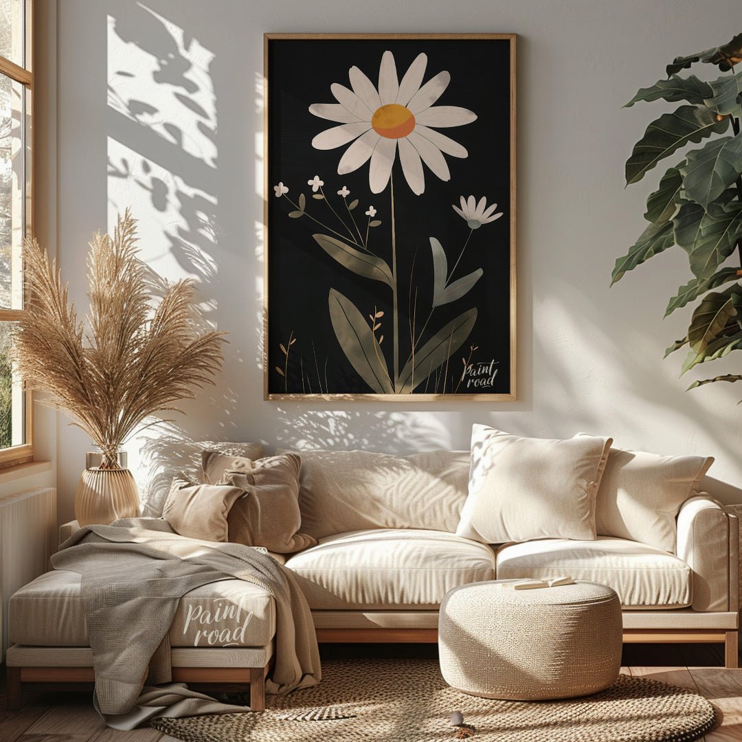 This striking digital illustration features a large white daisy with a warm yellow and orange cente… for living room