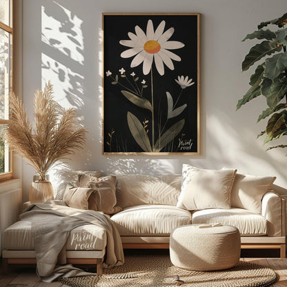This striking digital illustration features a large white daisy with a warm yellow and orange cente… for living room