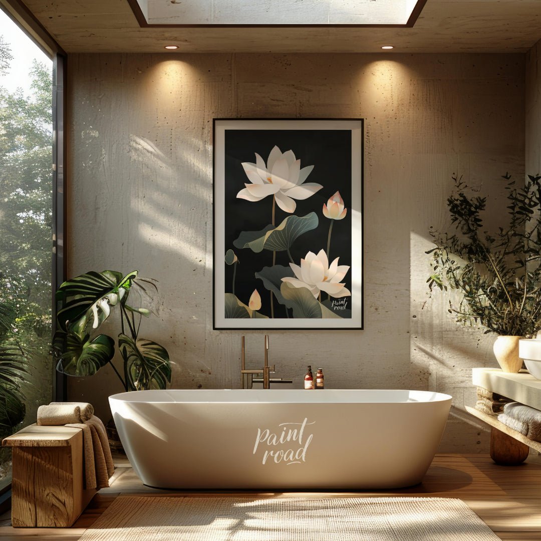 This striking digital illustration features white lotus flowers with delicate petals and subtle pin… for bathroom