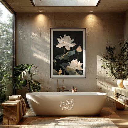 This striking digital illustration features white lotus flowers with delicate petals and subtle pin… for bathroom