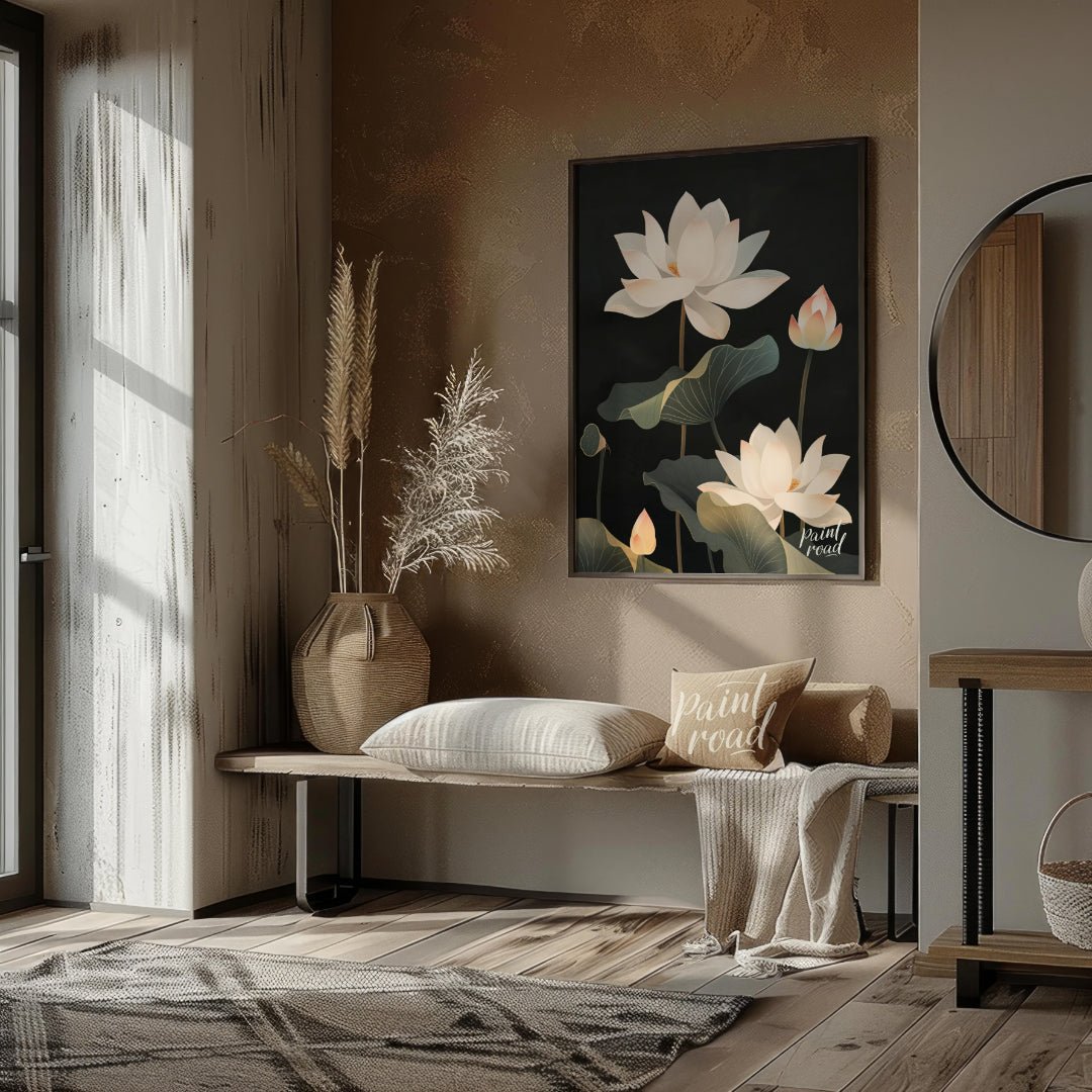 This striking digital illustration features white lotus flowers with delicate petals and subtle pin… for entryway