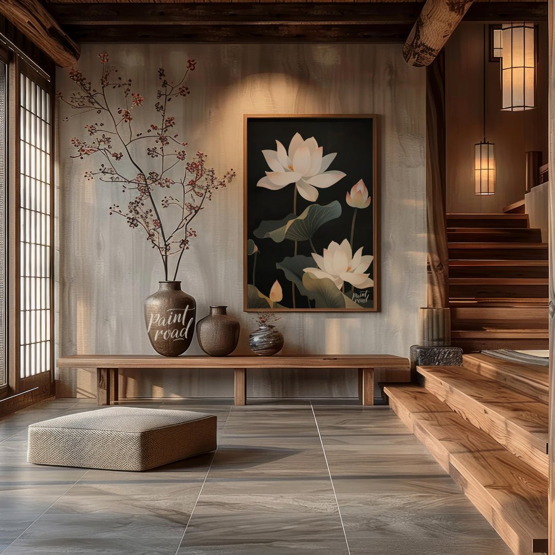This striking digital illustration features white lotus flowers with delicate petals and subtle pin… for entryway