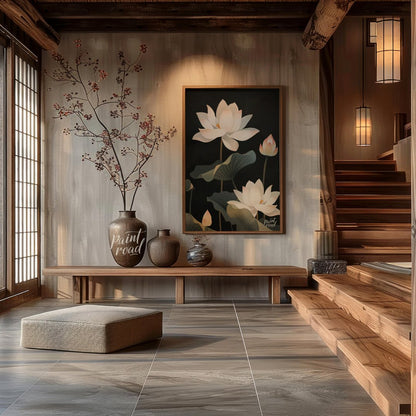 This striking digital illustration features white lotus flowers with delicate petals and subtle pin… for entryway